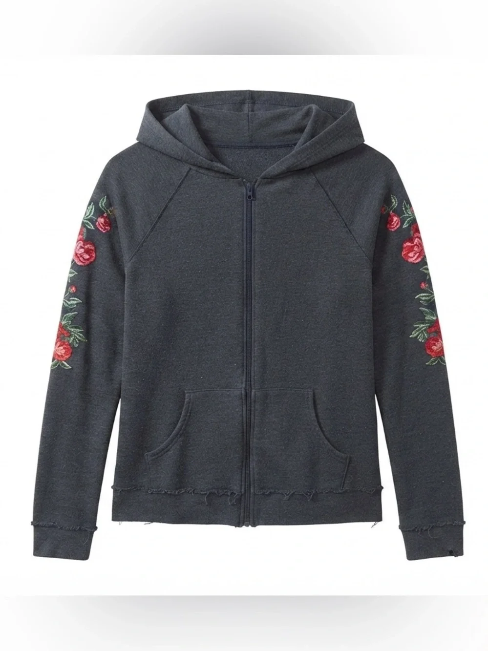 Mudd Girls Black Zip-Up Hoodie with Floral Embroidery Size 10